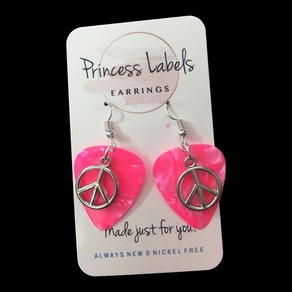 HANDCRAFTED Drop Earrings Repurposed Guitar Picks Peace Signs on Pearlized Pink - Picture 5 of 6